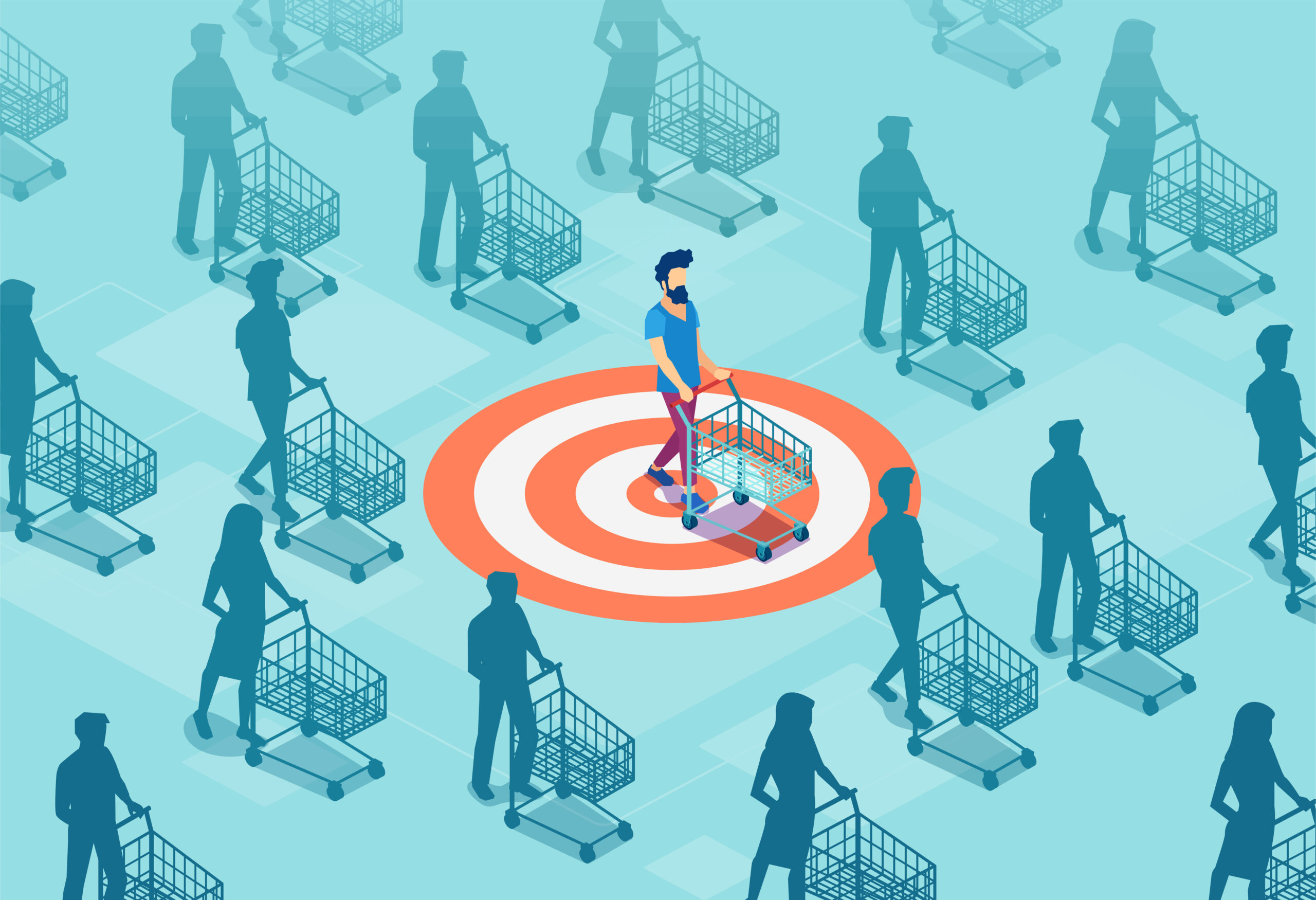 Target sales and marketing accuracy concept. Vector of a targeted customer with a shopping cart